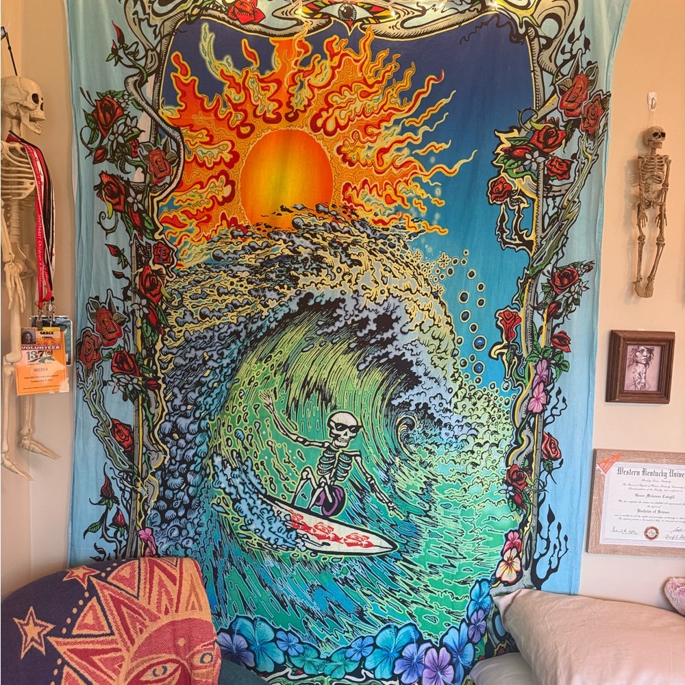 Vibrant Skeleton Surfer Tapestry - Blue and Orange